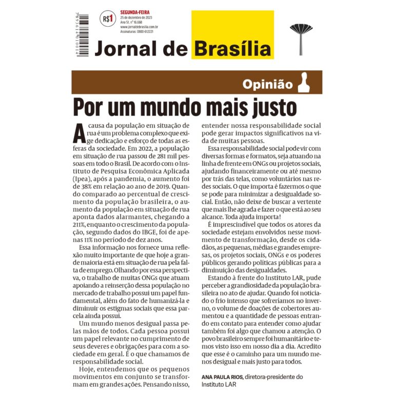Texto de Ana Paula Rios para o Jornal de Brasília- Por um mundo mais justo