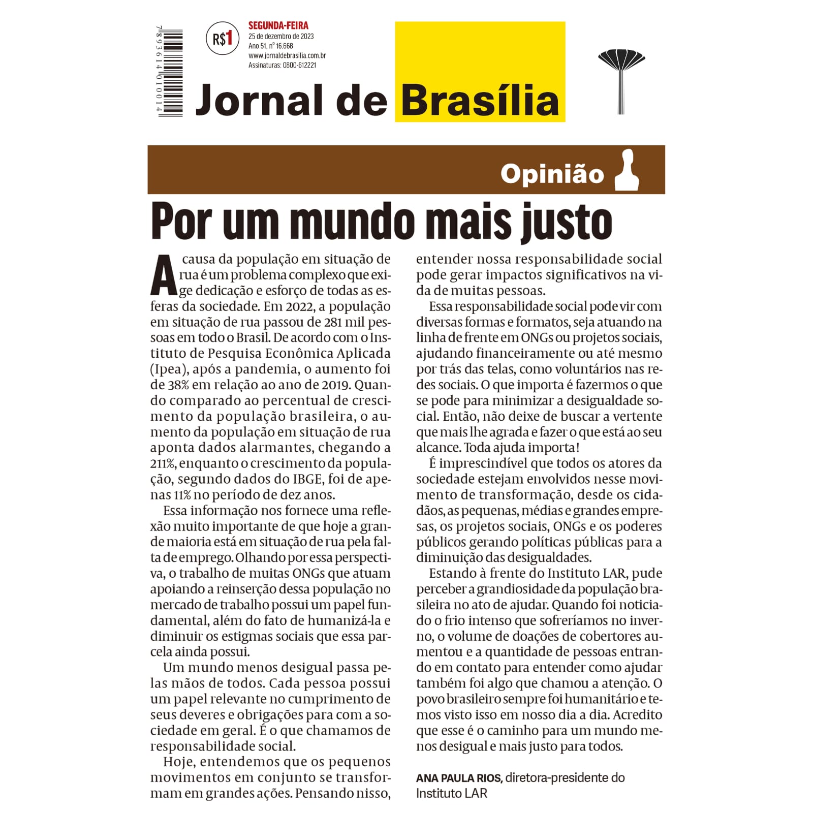 Texto de Ana Paula Rios para o Jornal de Brasília- Por um mundo mais justo