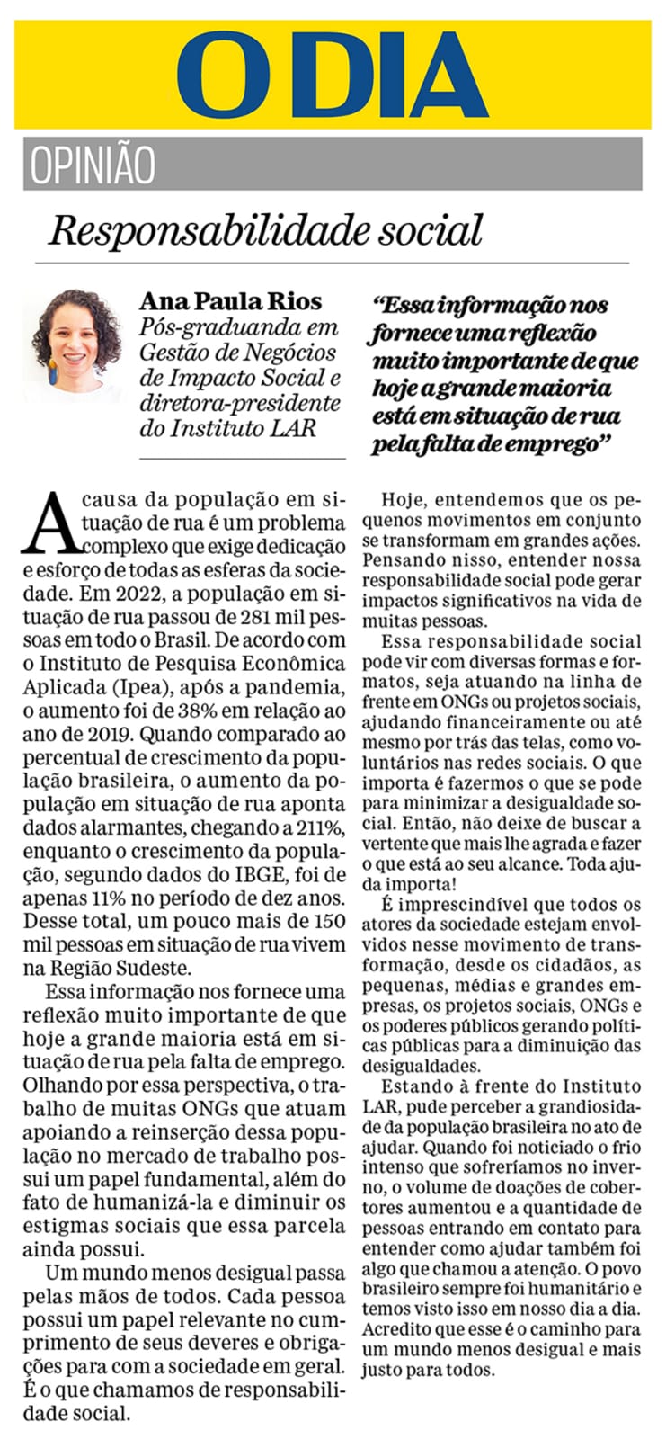 Texto de Ana Paula Rios para o Jornal O Dia - Por um mundo mais justo